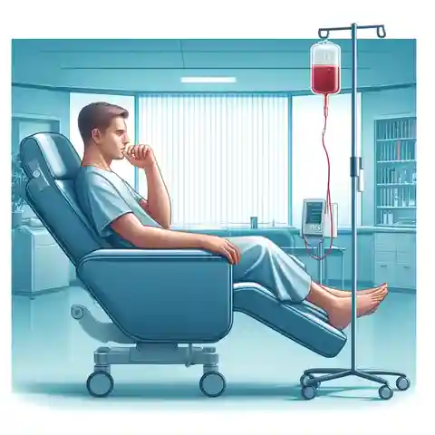 A medical illustration depicting a male patient receiving infusion therapy for anemia