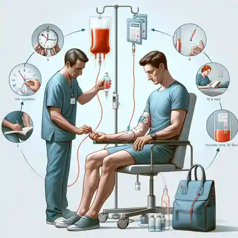 An educational image detailing the step-by-step process of iron infusion therapy for anemia, focusing on a male patient