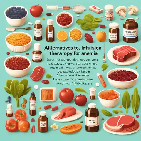 An informative image showcasing alternatives to infusion therapy for anemia, including oral iron supplements and dietary changes