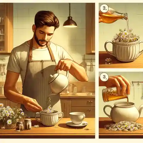 Chamomile Infusion A man steeping chamomile tea, detailing the steps from selecting the chamomile to the final preparation,