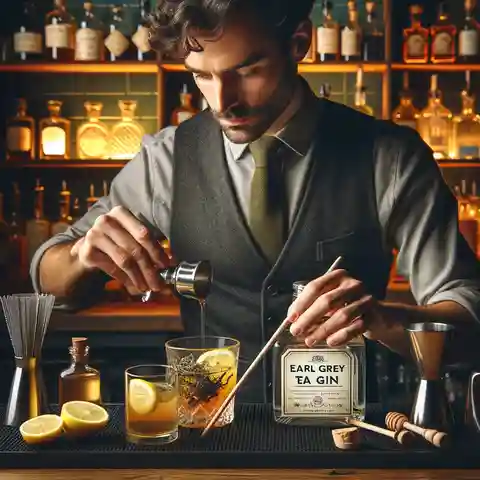 Earl Grey Tea Gin Cocktail Aman at a bar setting, mixing the Earl Grey tea infused gin with other ingredients like lemon juice and honey simp