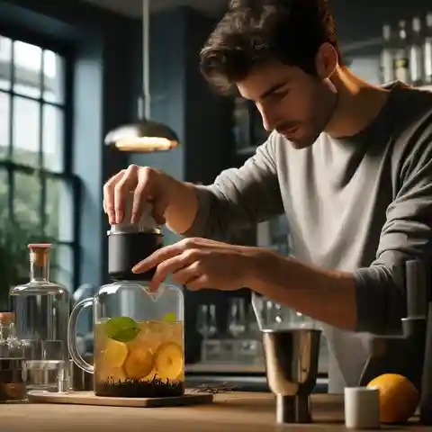 Earl Grey Tea Gin Cocktail An image of a man preparing the Earl Grey tea infusion for a cocktail in a modern kitchen setting