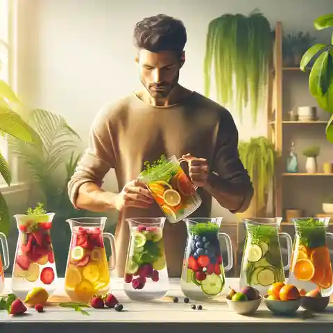 Fruit Infused Water Recipes A man arranging various pitchers of fruit infused water, each representing different recipes