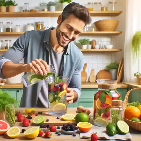 Fruit Infused Water Recipes A man experimenting with different fruits and herbs to create unique infused water combinations in a brigh