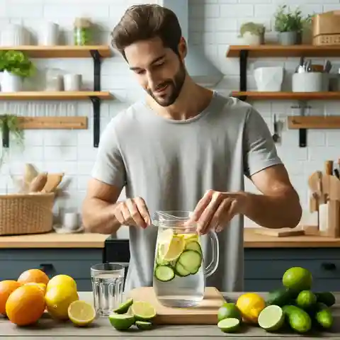 Fruit Infused Water Recipes A man in a modern kitchen preparing a pitcher of fruit Infused water recipes