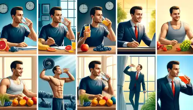 Fruit Infused Water Recipes An image sequence showing a man incorporating fruit infused water into his daily routine