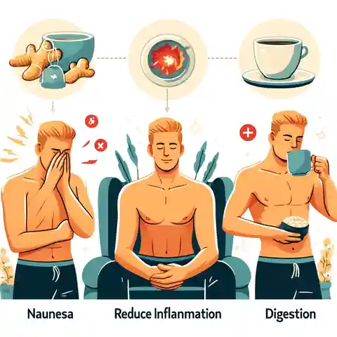 Ginger Infusion Tea Benefits - A man experiencing various health benefits of ginger tea, such as easing nausea, reducing inflammation