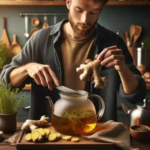 Ginger Infusion Tea Benefits - A man preparing ginger infusion tea in a cozy kitchen setting
