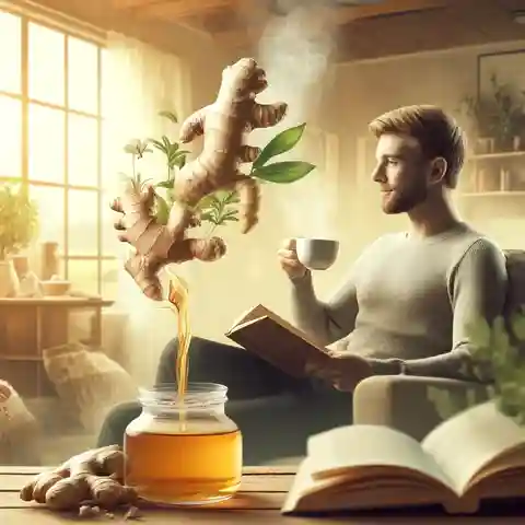 Ginger Infusion Tea Benefits - An image of a man enjoying a cup of ginger infusion tea in a relaxing setting, illustrating the comforting and soothing aspects of the tea
