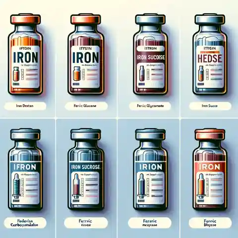 Infusion Therapy for Anemia - A comparative image of the different types of iron infusions available for anemia treatment, such as iron dextran, ferric gluconate