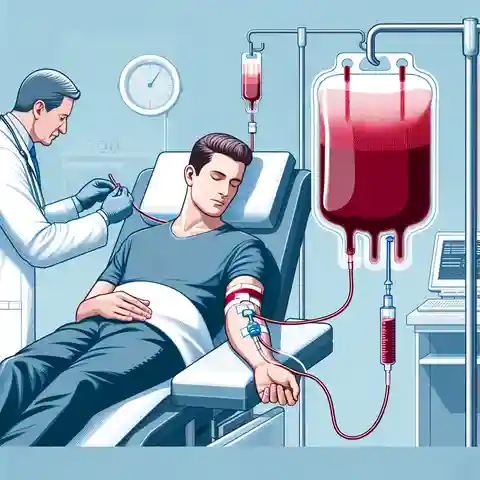 Infusion of Blood from One Person to Another - A medical illustration showing a male patient receiving a blood transfusion in a hospital setting